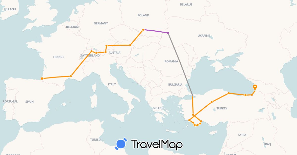 TravelMap itinerary: driving, plane, train, hitchhiking in France, Georgia, Turkey, Ukraine (Asia, Europe)